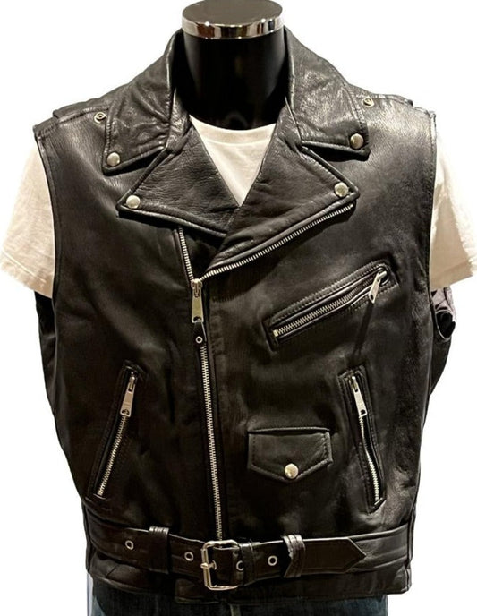 Black Cut-Off Leather Waistcoat XXL