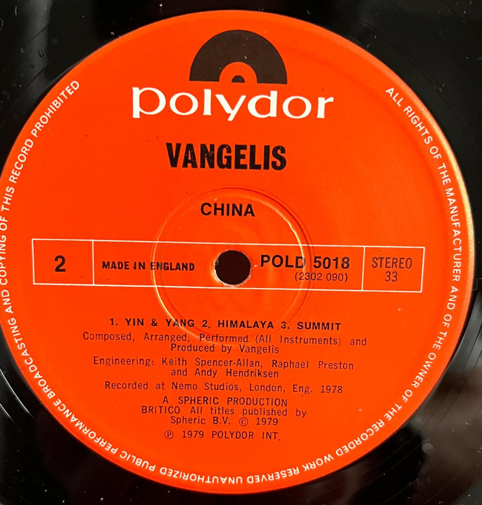 1979 Vangelis 'China' Album Orange Polydor record label Size 2