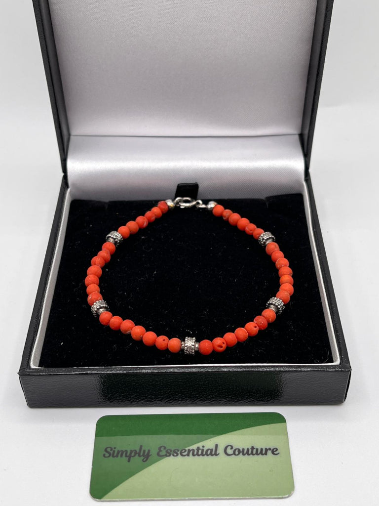Raw Red Coral Beads and Silver Bracelet