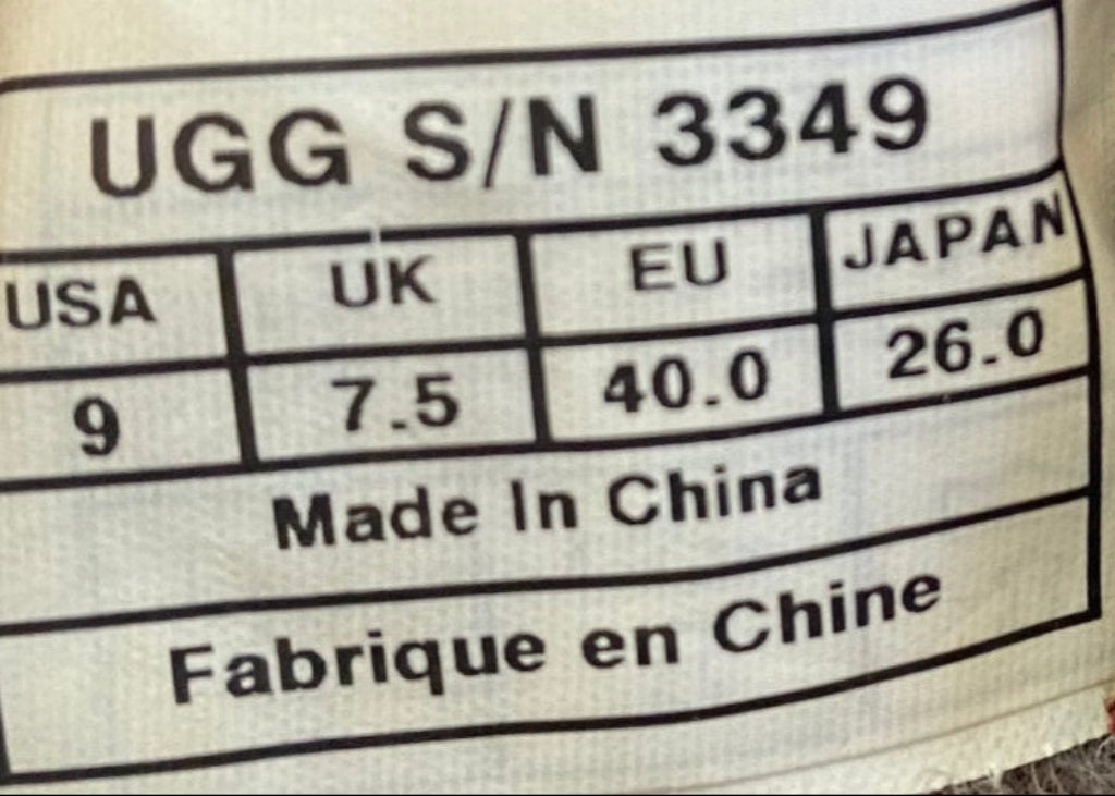 Label with UGG branding and size information on a textured surface