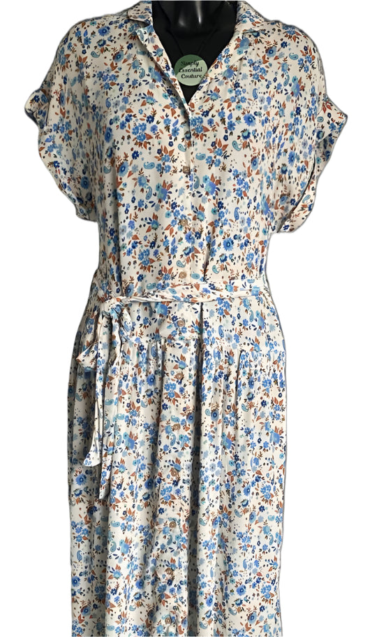 EAST Cream + Blue Flower Dress - UK S