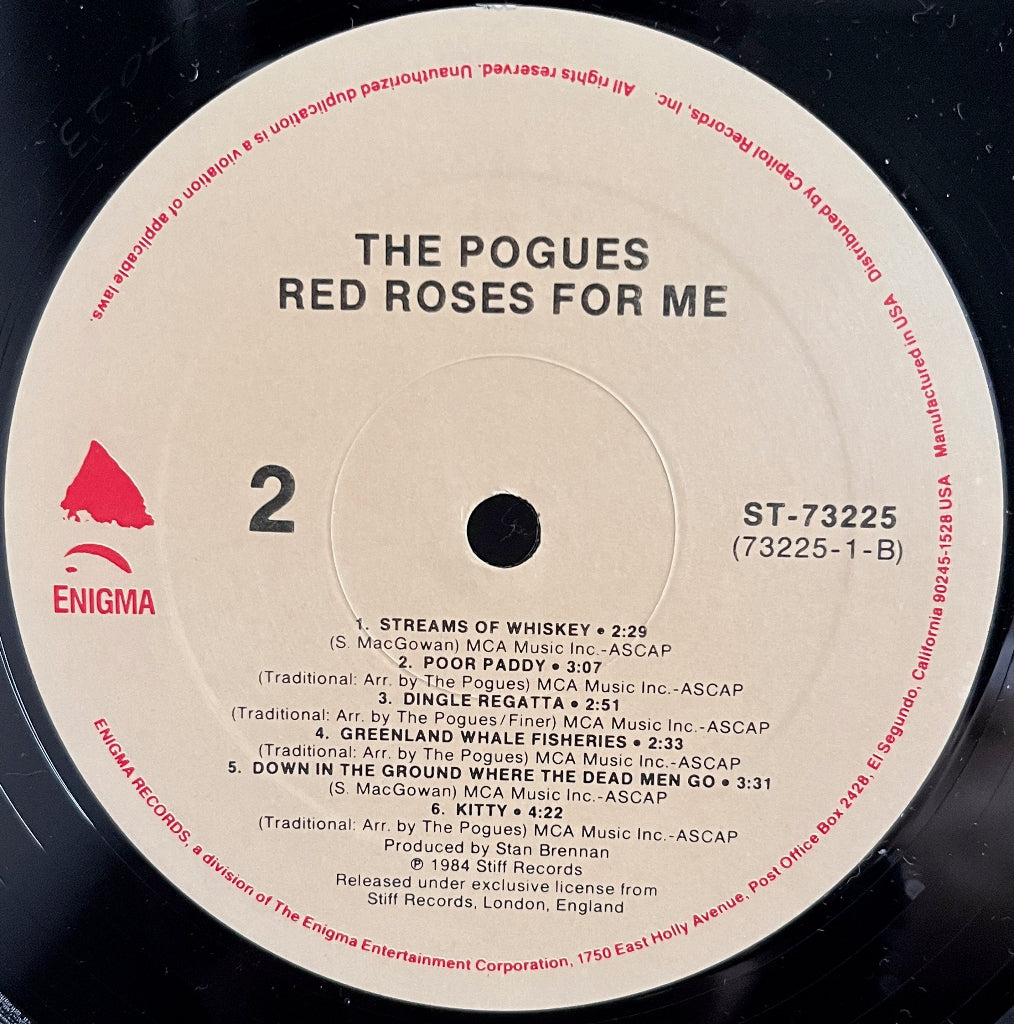 Vinyl record label for 'Red Roses For Me' by The Pogues with Side 2 tracklist and Enigma logo.