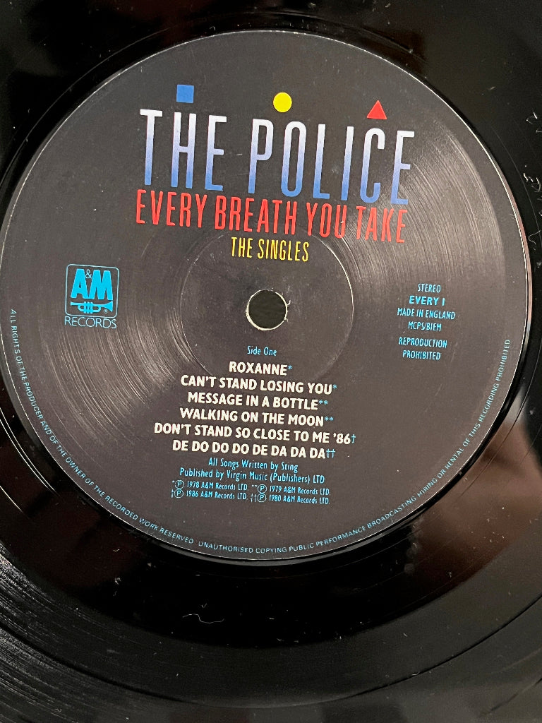 Vinyl record label for 'Every Breath You Take' by The Police with A&M Records logo.