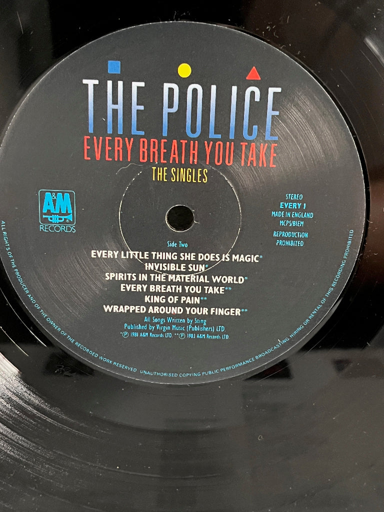 Vinyl record label for 'Every Breath You Take' by The Police with AM Records logo.