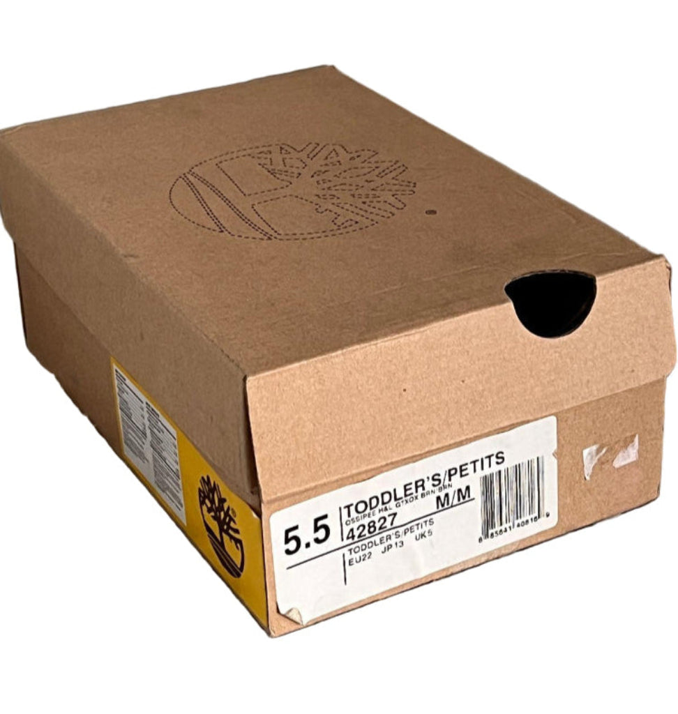 Brown cardboard shoe box with Timberland logo and size label on a white background