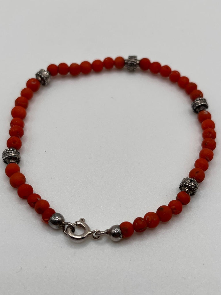 Raw Red Coral Beads and Silver Bracelet