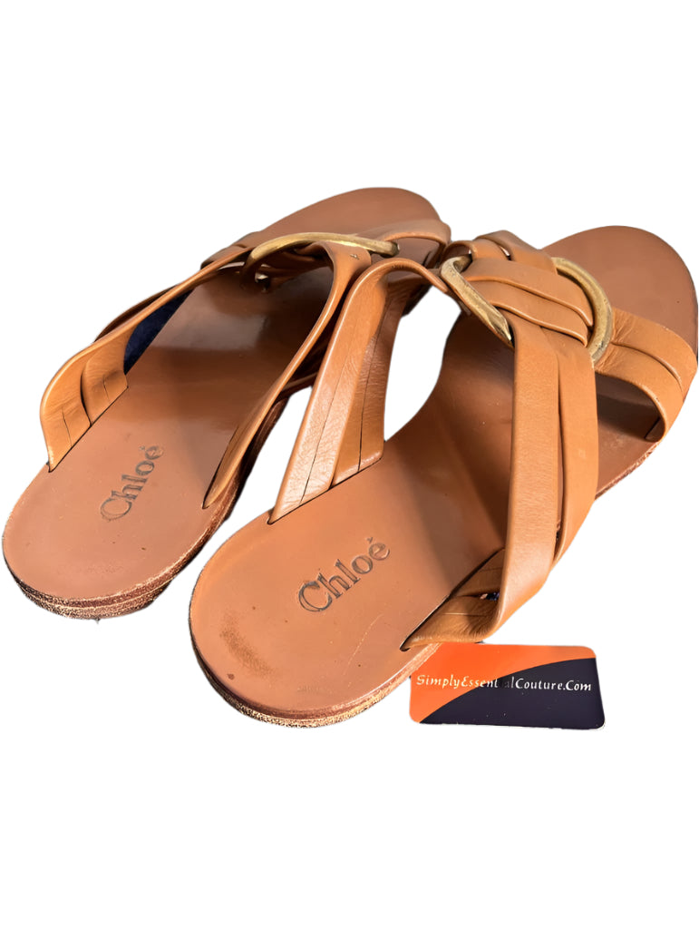 CHLOE Brown Leather Sliders - size UK5 - Pre-loved
