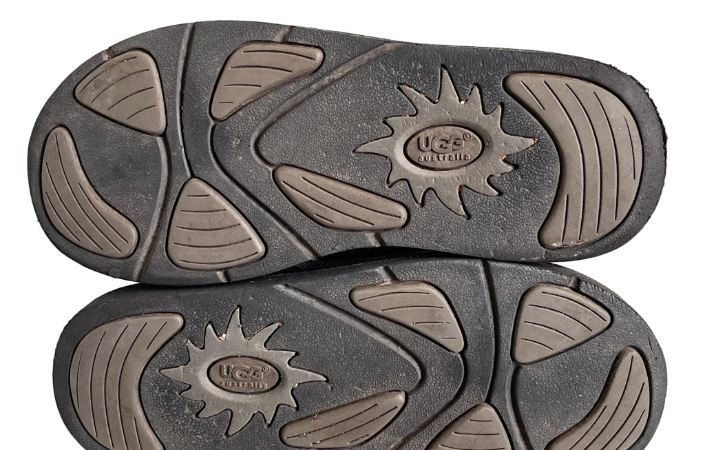 Close-up of a textured shoe sole with UGG logo on a white background