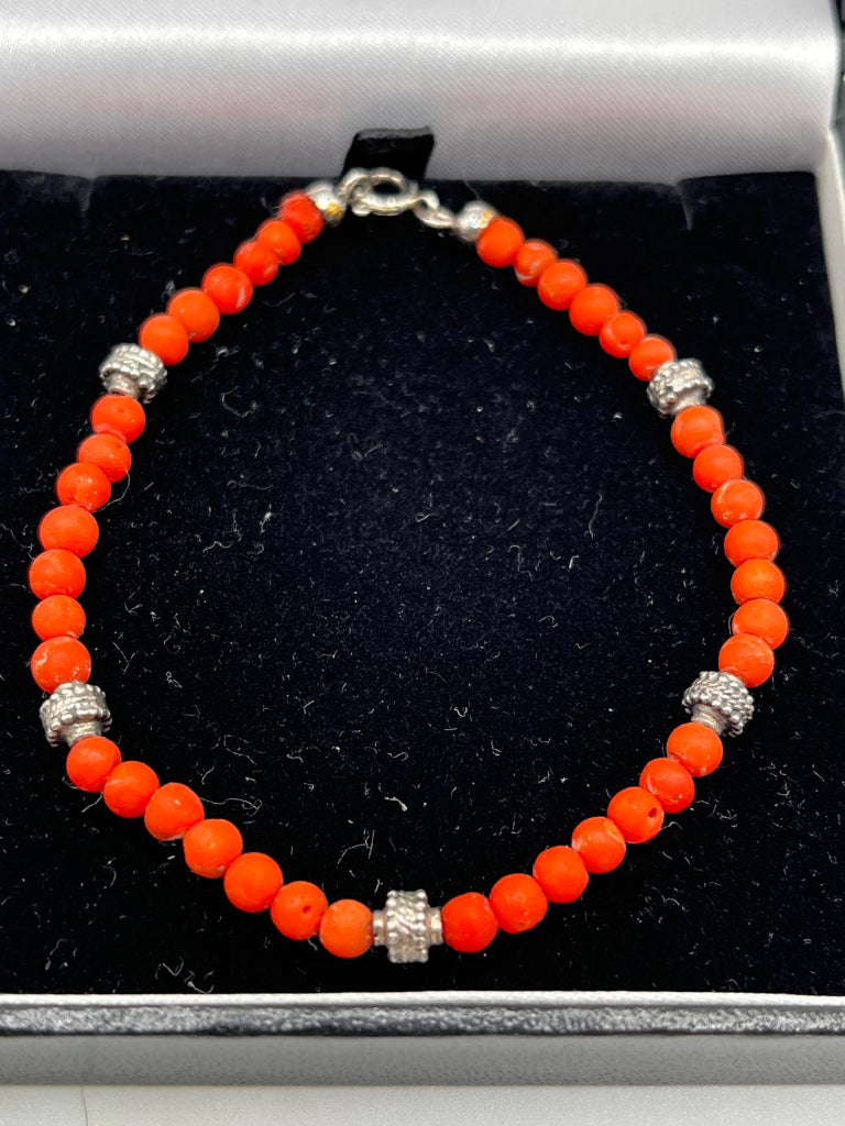 Raw Red Coral Beads and Silver Bracelet