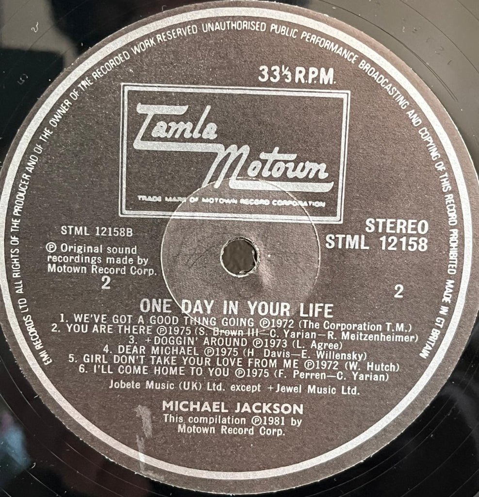 Record label of a Michael Jackson album with 'Tamla Motown' branding.