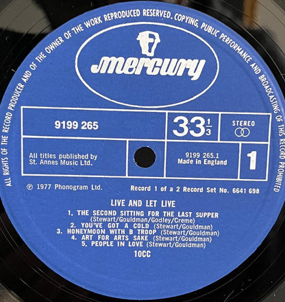 10CC Mercury label on a vinyl record with text and track listing. - Side 1