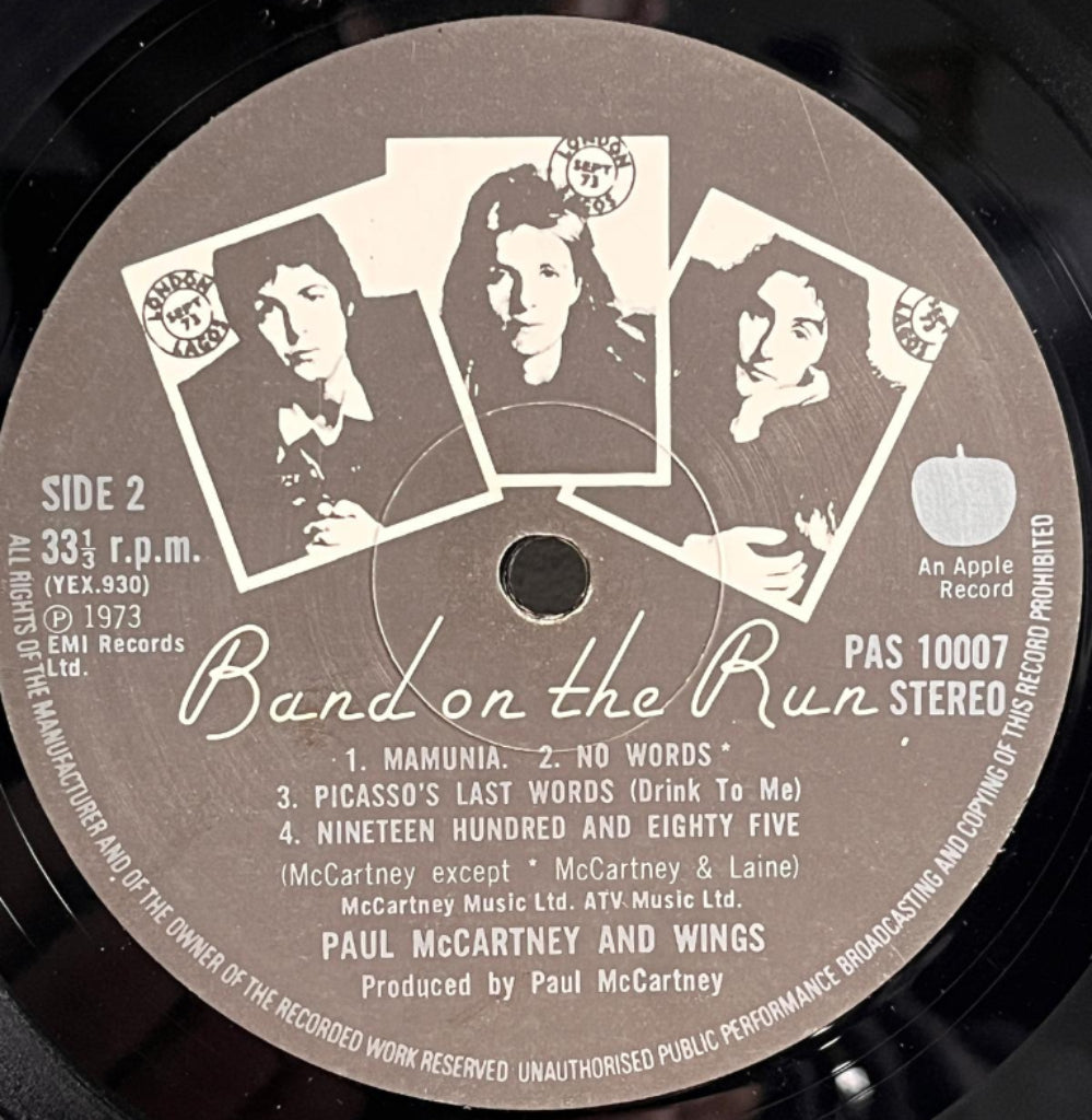 Record label with text and images for Side 2 Band On The Run