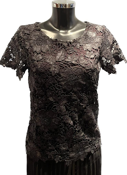OASIS Black Lace Sparkly Top - Size UK S
