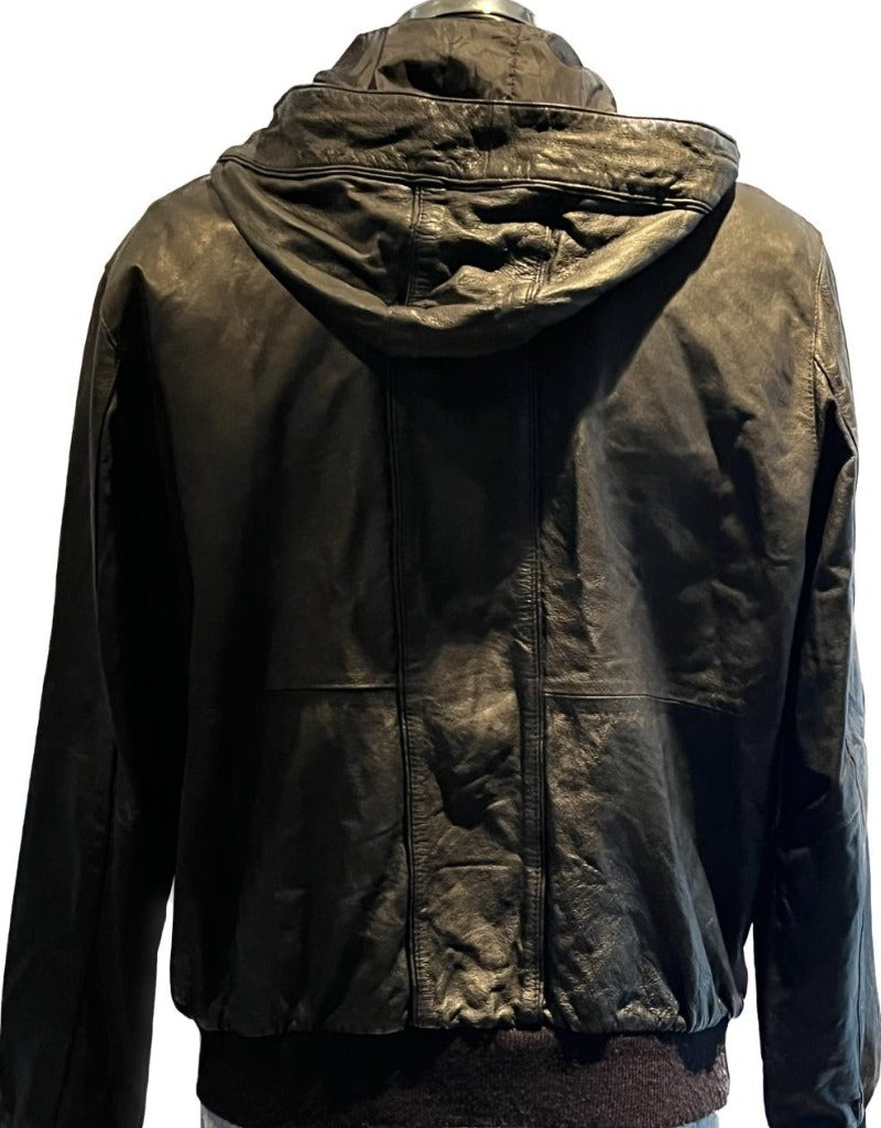 Topman Hooded Black Leather Jacket - Size L