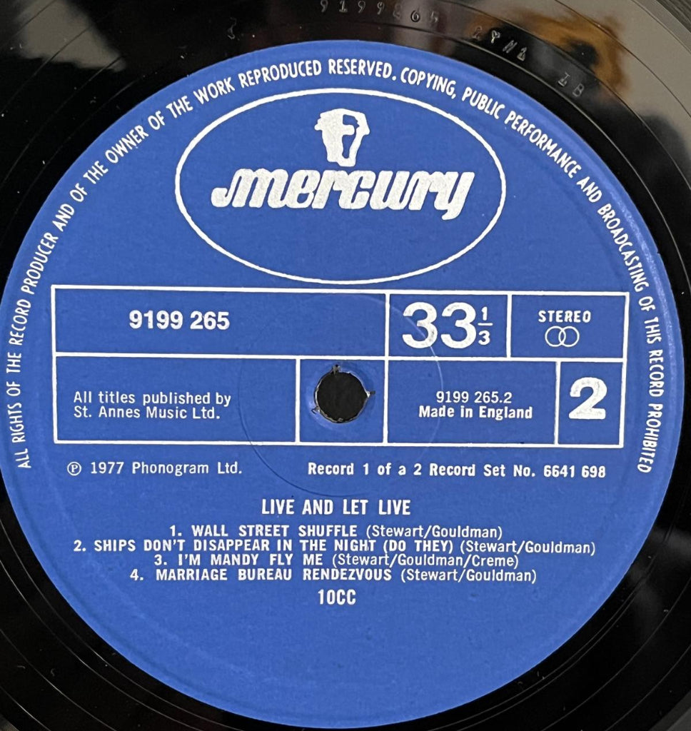 10cc Mercury record label on a vinyl record - Side 2