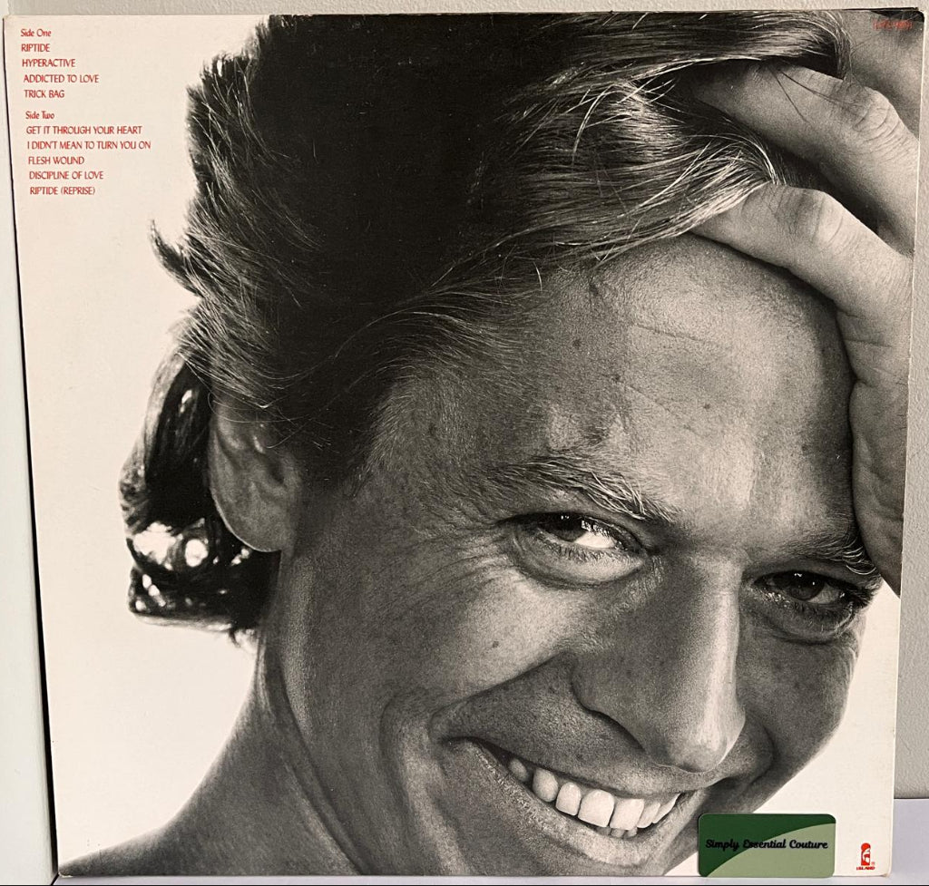 Rear album cover for 'Riptide' with a black and white photo of 'Robert Palmer
