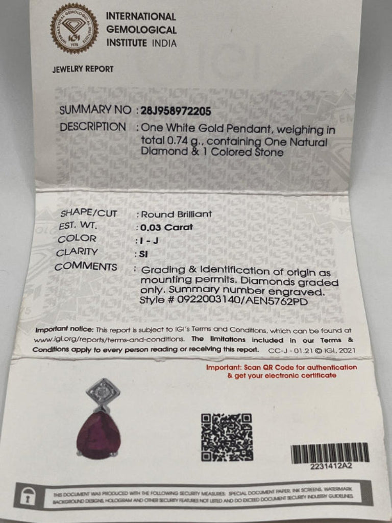 9ct White Gold & Red Stone Necklace