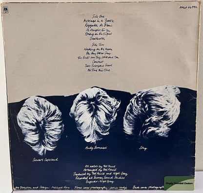 Back cover of a vinyl record. The Police Regatta De Blanc