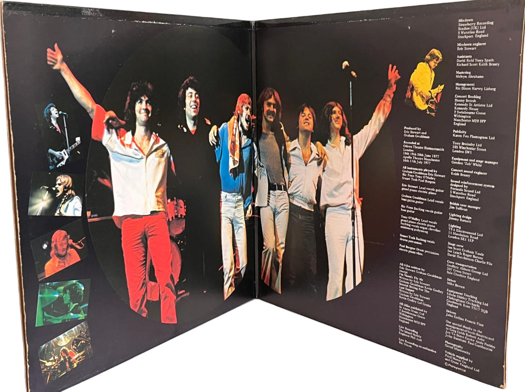 Vinyl record sleeve with 10CC  band members and album tracklist on a black background