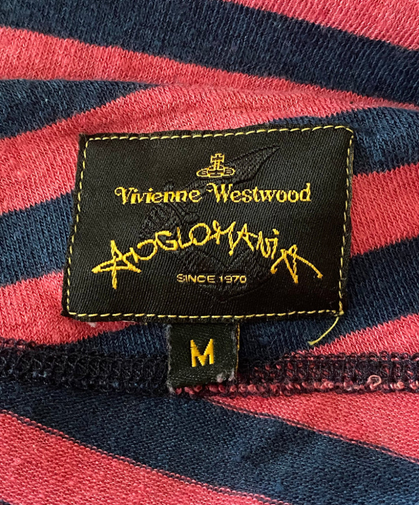 Vivienne Westwood label on a red and blue striped fabric