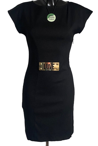 Black dress with a gold 'LOVE' belt on a mannequin against a white background