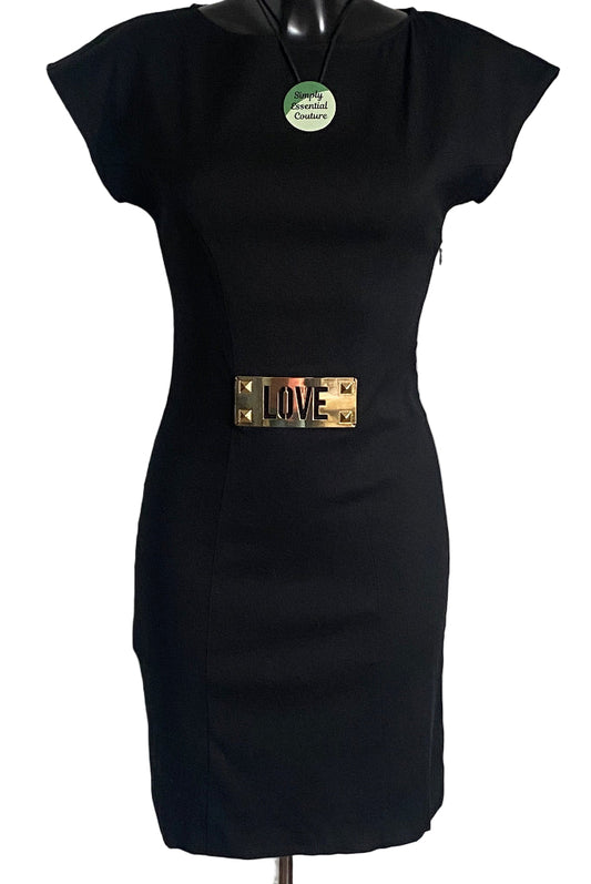 Black dress with a gold 'LOVE' belt on a mannequin against a white background