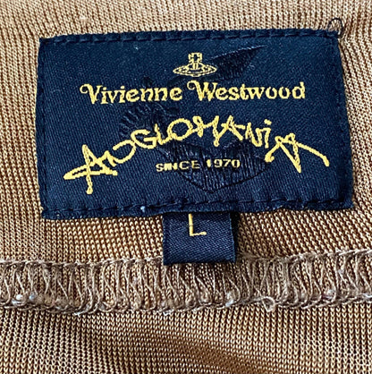 Vivienne Westwood label on a gold fabric background