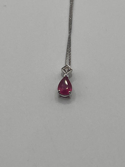 LORDS JEWELS - 9ct White Gold & Red Stone Necklace - Inc. IGI Report