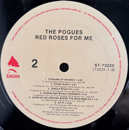 Vinyl record label for 'Red Roses For Me' by The Pogues with Side 2 tracklist and Enigma logo.