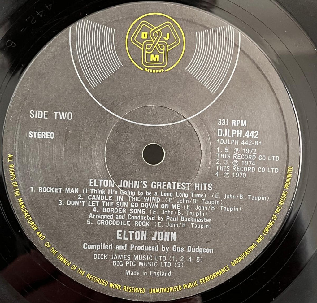 Record label of Elton John's 'Greatest Hits' showing side two details.
