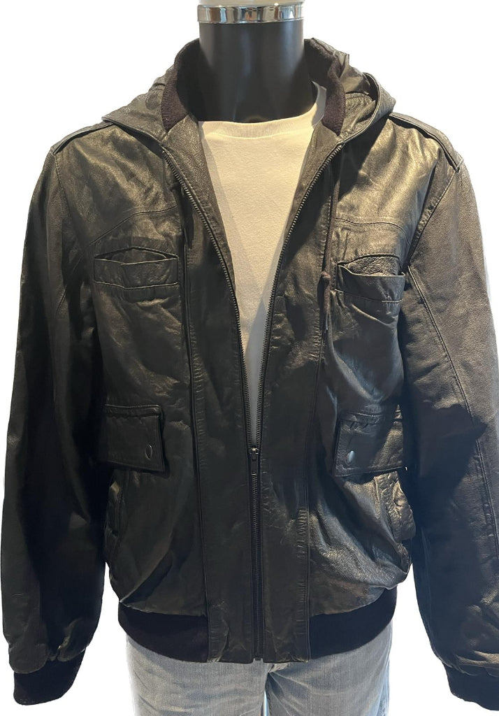 Topman Hooded Black Leather Jacket - Size L