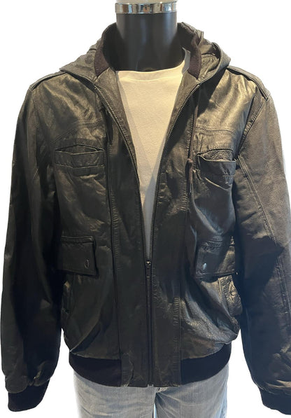 Topman Hooded Black Leather Jacket - Size L