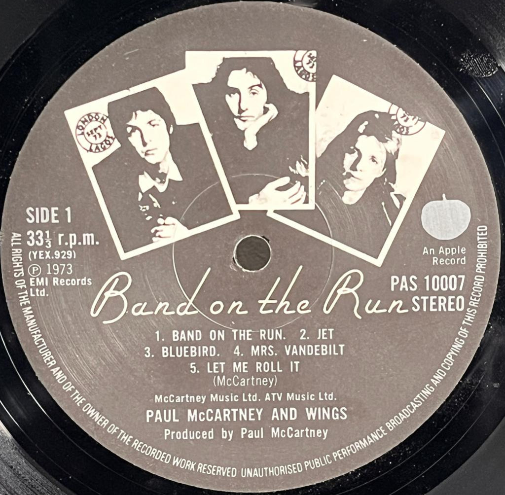 Side 1 Record label of 'Band on the Run' by Wings with album cover art