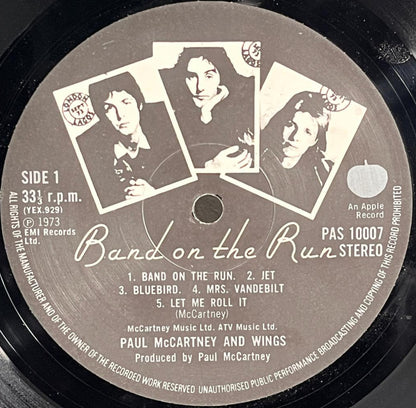 Side 1 Record label of 'Band on the Run' by Wings with album cover art