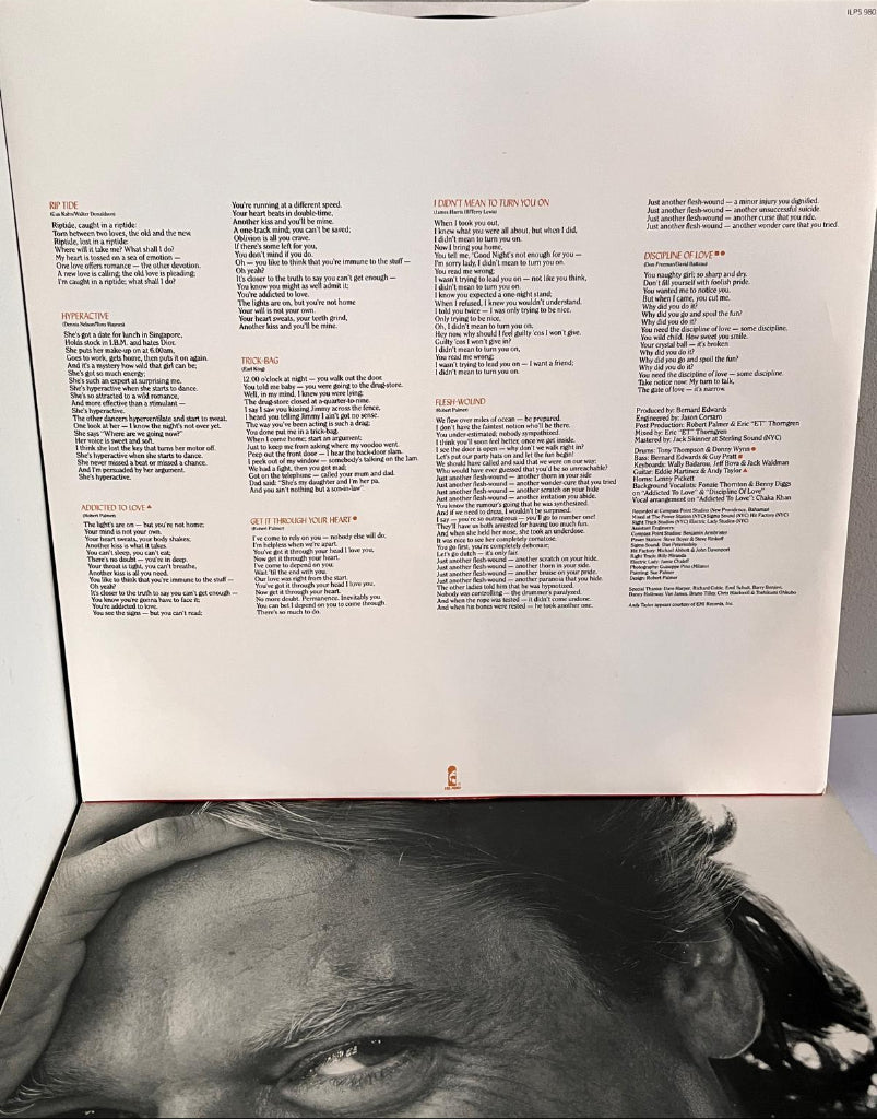 Robert Palmer's Riptide Vinyl record inner lyric sleeve