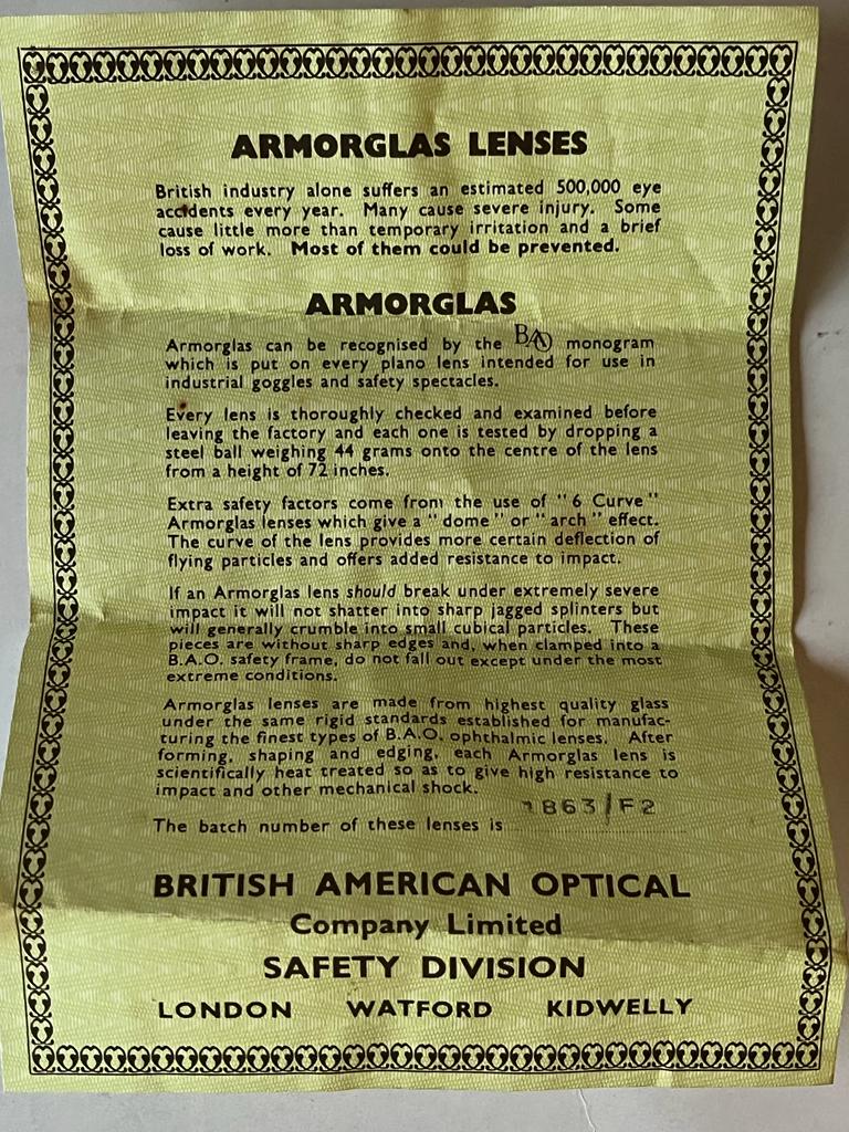 British American Optical Vintage Safety Glasses - Instructions