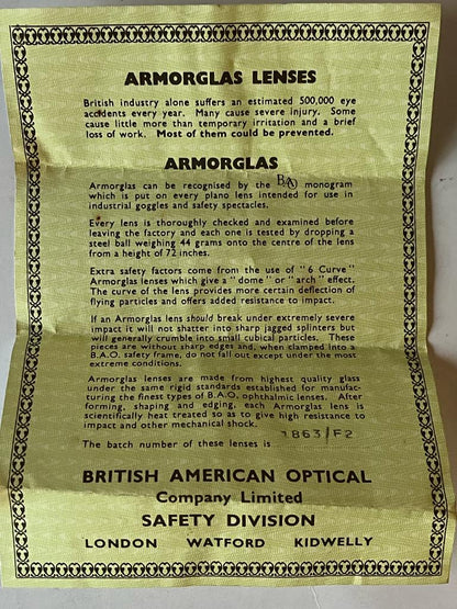 British American Optical Vintage Safety Glasses - Instructions