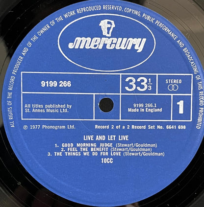 10CC Mercury record label with text and track listing on a blue background - Side 3
