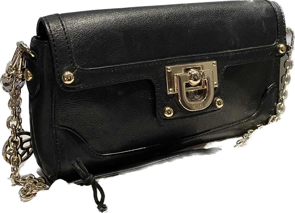 DKNY Black Leather Handbag with Chain Strap