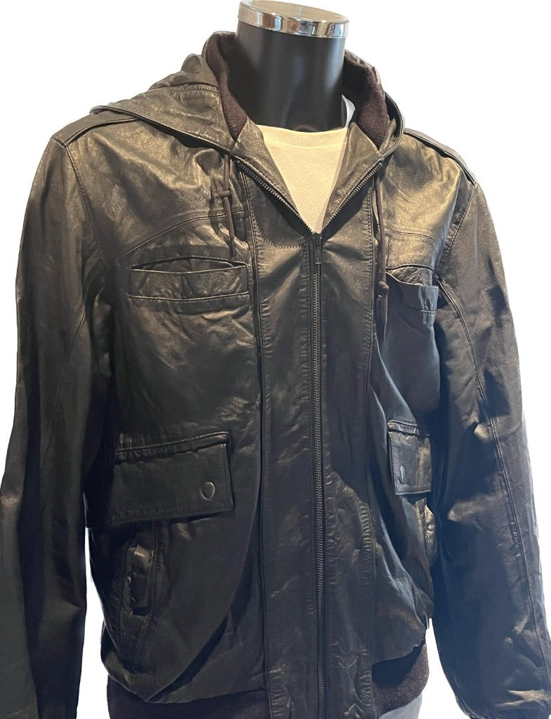 Topman Hooded Black Leather Jacket - Size L
