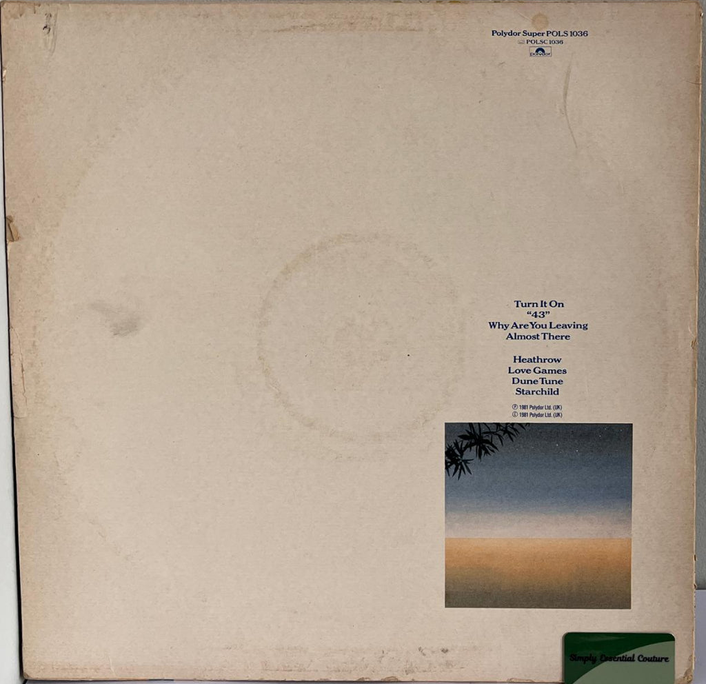 Back cover of a Level 42 vinyl record with text and a small image of a beach scene.