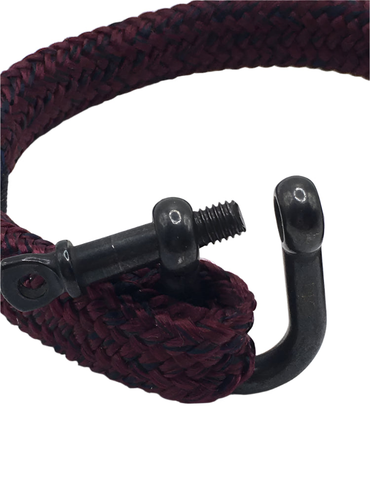 Maroon braided rope with a metal hook and screw on a white background