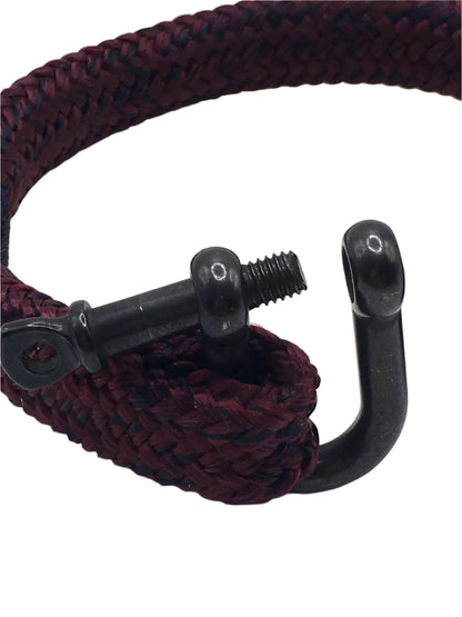 Maroon braided rope with a metal hook and screw on a white background