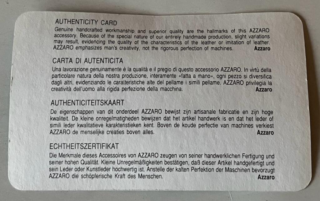 Azzaro Authenticity Card