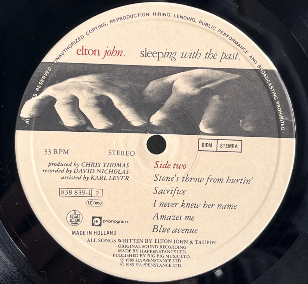 Record label for Side 2 of Elton John's 'Sleeping with the Past' album